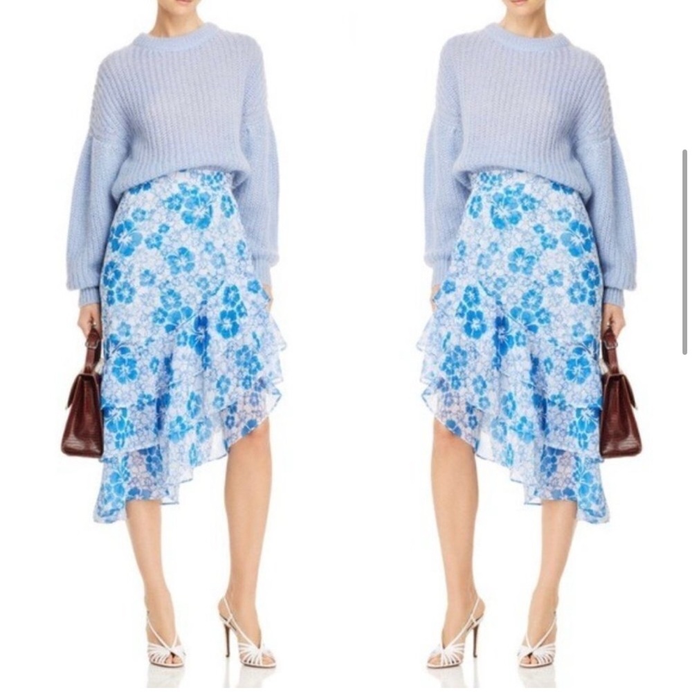All Things Mochi Blue Ruffled Asymmetrical Floral Midi Layered Skirt Size XL